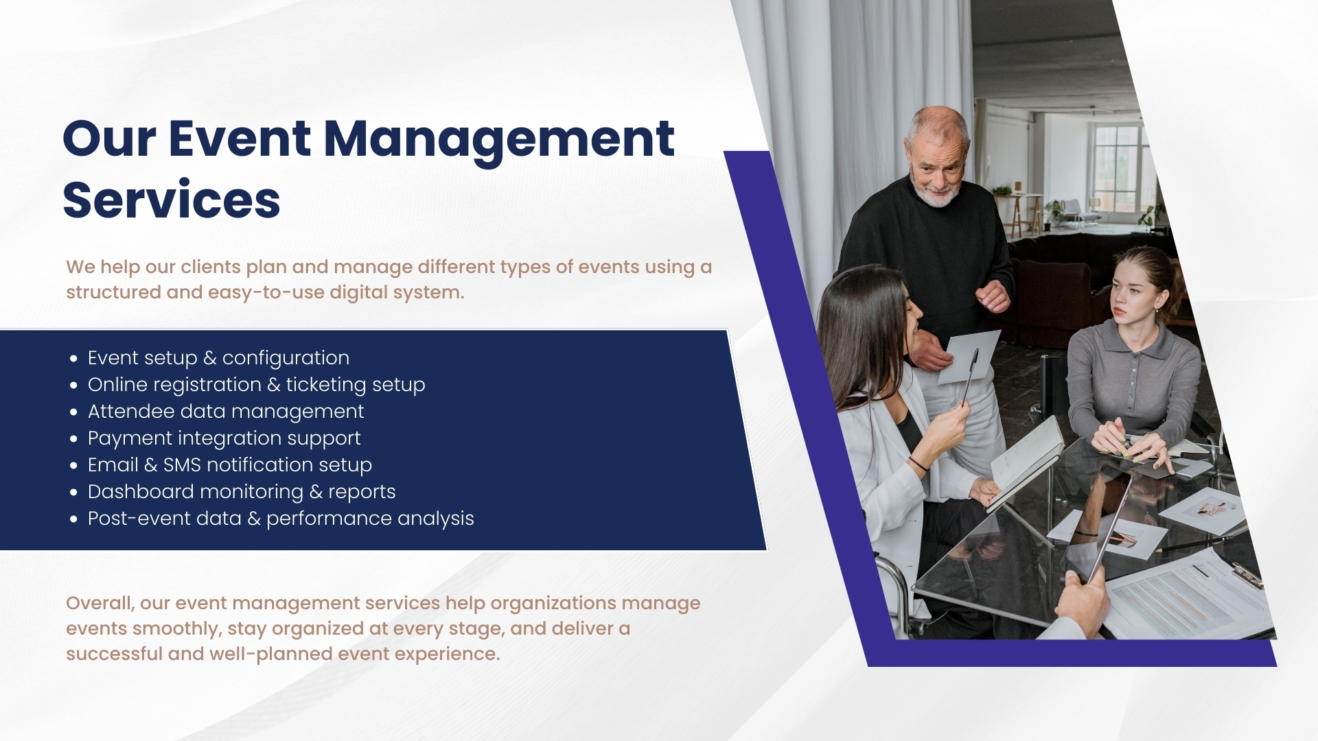 Event management dashboard for registrations and scheduling